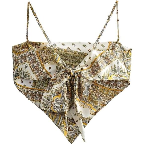 Yellow Printed Satin Silk Bandana Crop Top Tie Back Triangle Sleeveless Cami Top - Picture 7 of 11